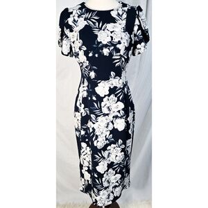 Calvin Klein Sheath Dress Navy Blue Gray Floral Stretch Classic Formal Zipper